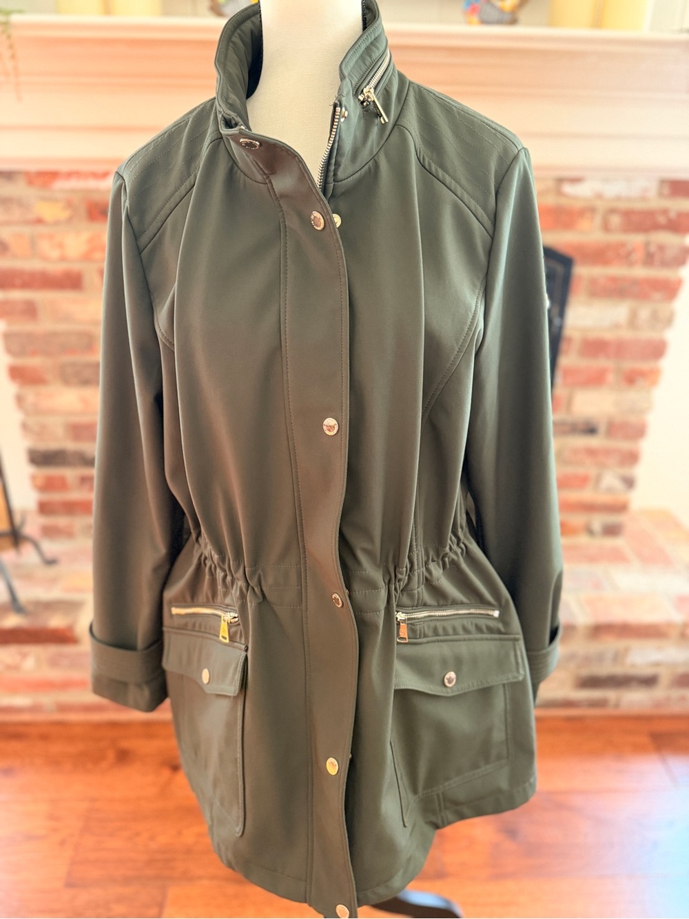 Dennis Basso Soft Shell Jacket Coat 1X Loden Green Plush Lined Hidden Hood